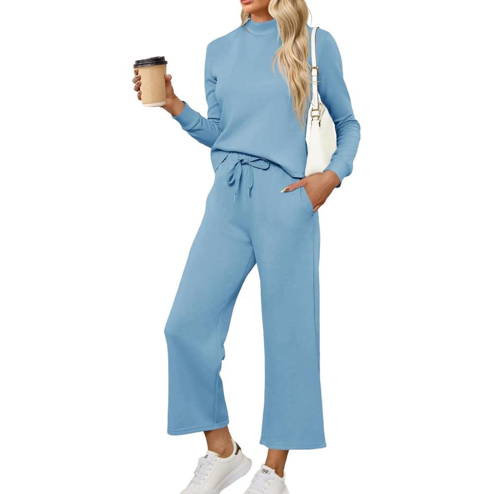 imageTankaneo Womens 2 Piece Sets Mock Neck Long Sleeve Tops Wide Leg Pants Lounge Set Vacation Travel Fall Outfits TracksuitBlue