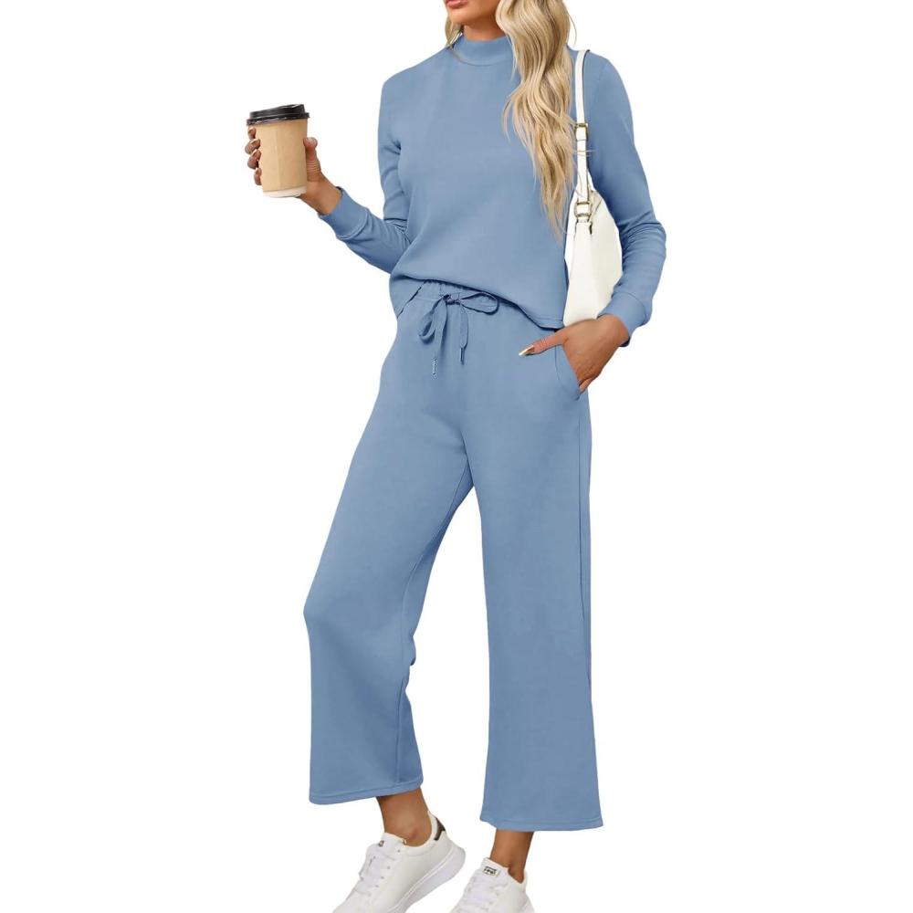 imageTankaneo Womens 2 Piece Sets Mock Neck Long Sleeve Tops Wide Leg Pants Lounge Set Vacation Travel Fall Outfits TracksuitBluish Gray