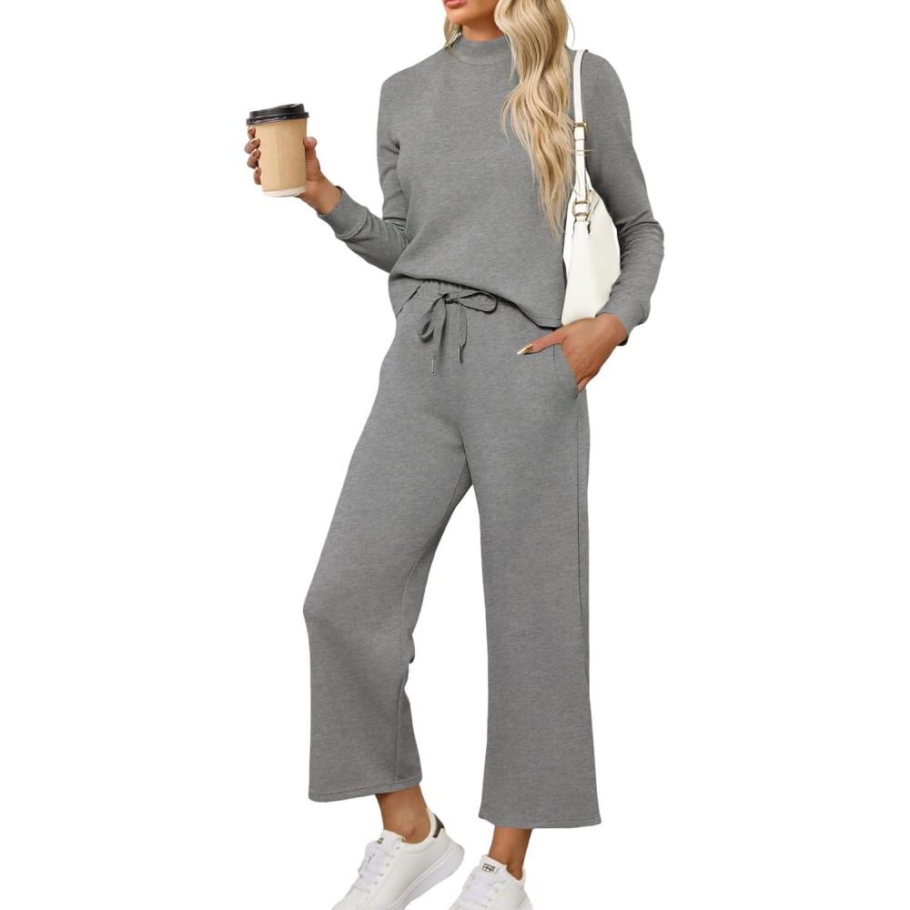 imageTankaneo Womens 2 Piece Sets Mock Neck Long Sleeve Tops Wide Leg Pants Lounge Set Vacation Travel Fall Outfits TracksuitGrey