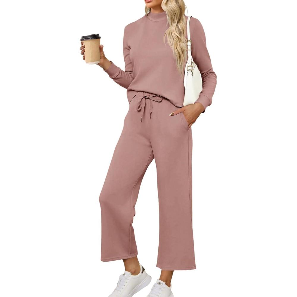 imageTankaneo Womens 2 Piece Sets Mock Neck Long Sleeve Tops Wide Leg Pants Lounge Set Vacation Travel Fall Outfits TracksuitPink