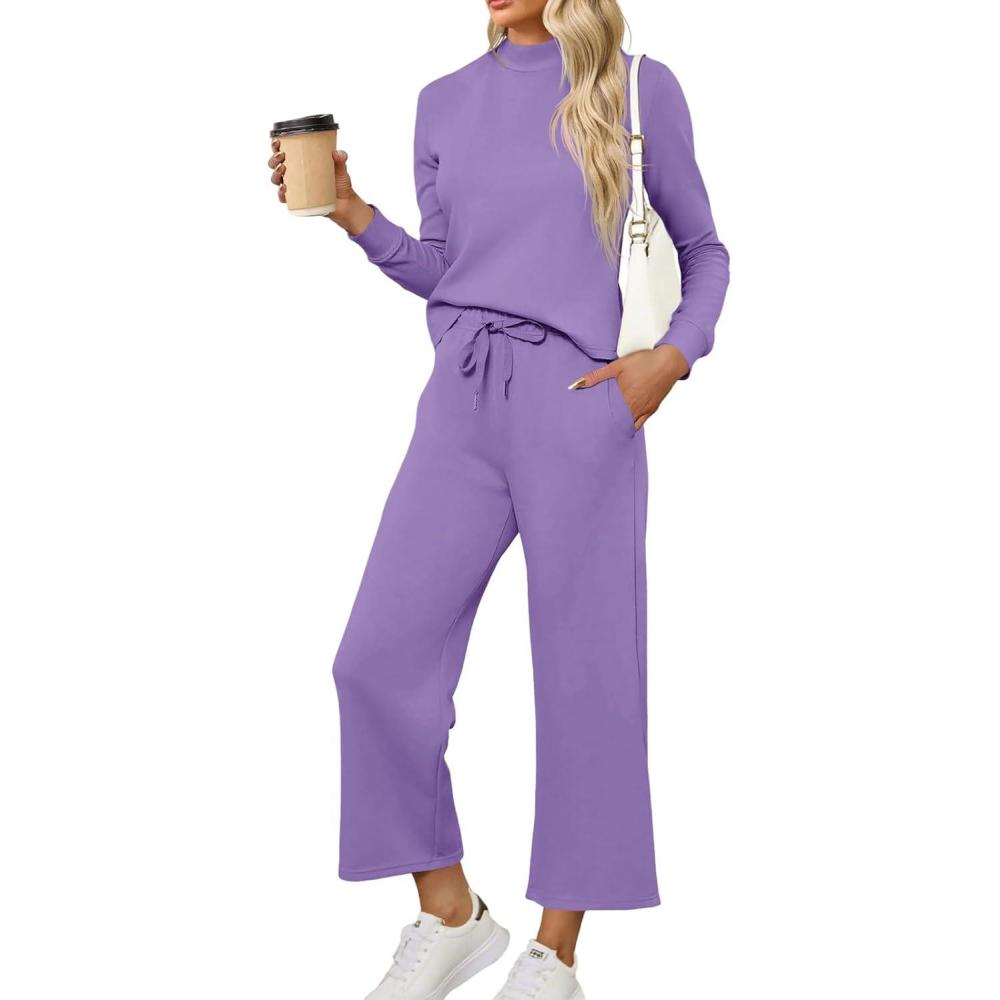 imageTankaneo Womens 2 Piece Sets Mock Neck Long Sleeve Tops Wide Leg Pants Lounge Set Vacation Travel Fall Outfits TracksuitPurple
