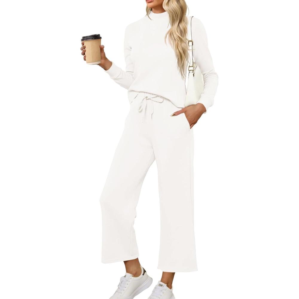 imageTankaneo Womens 2 Piece Sets Mock Neck Long Sleeve Tops Wide Leg Pants Lounge Set Vacation Travel Fall Outfits TracksuitWhite