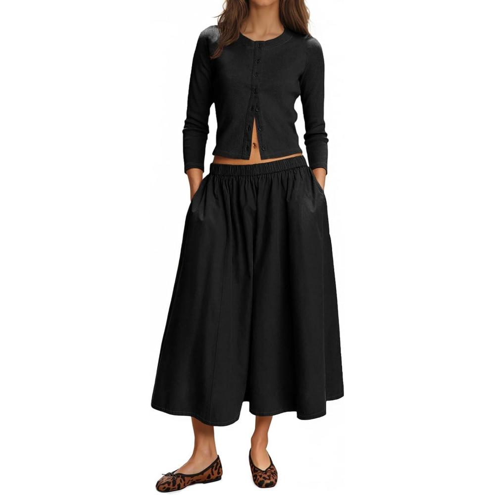 imageTankaneo Womens 2 Piece Skirt Sets 34 Sleeve Knit Cardigan Elastic Waist Midi Skirt Outfits Casual Matching Dress SetBlack