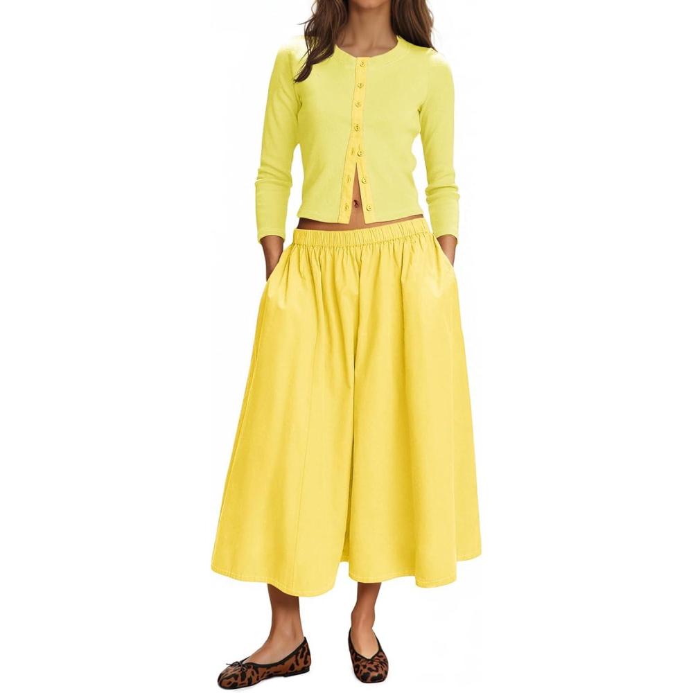 imageTankaneo Womens 2 Piece Skirt Sets 34 Sleeve Knit Cardigan Elastic Waist Midi Skirt Outfits Casual Matching Dress SetLight Yellow