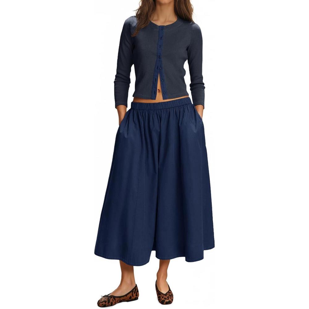 imageTankaneo Womens 2 Piece Skirt Sets 34 Sleeve Knit Cardigan Elastic Waist Midi Skirt Outfits Casual Matching Dress SetNavy