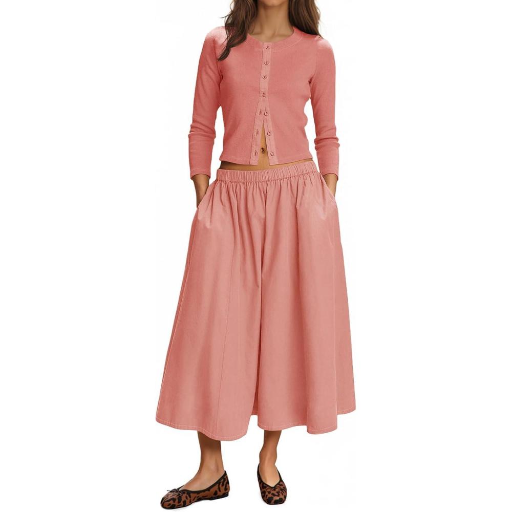 imageTankaneo Womens 2 Piece Skirt Sets 34 Sleeve Knit Cardigan Elastic Waist Midi Skirt Outfits Casual Matching Dress SetPink