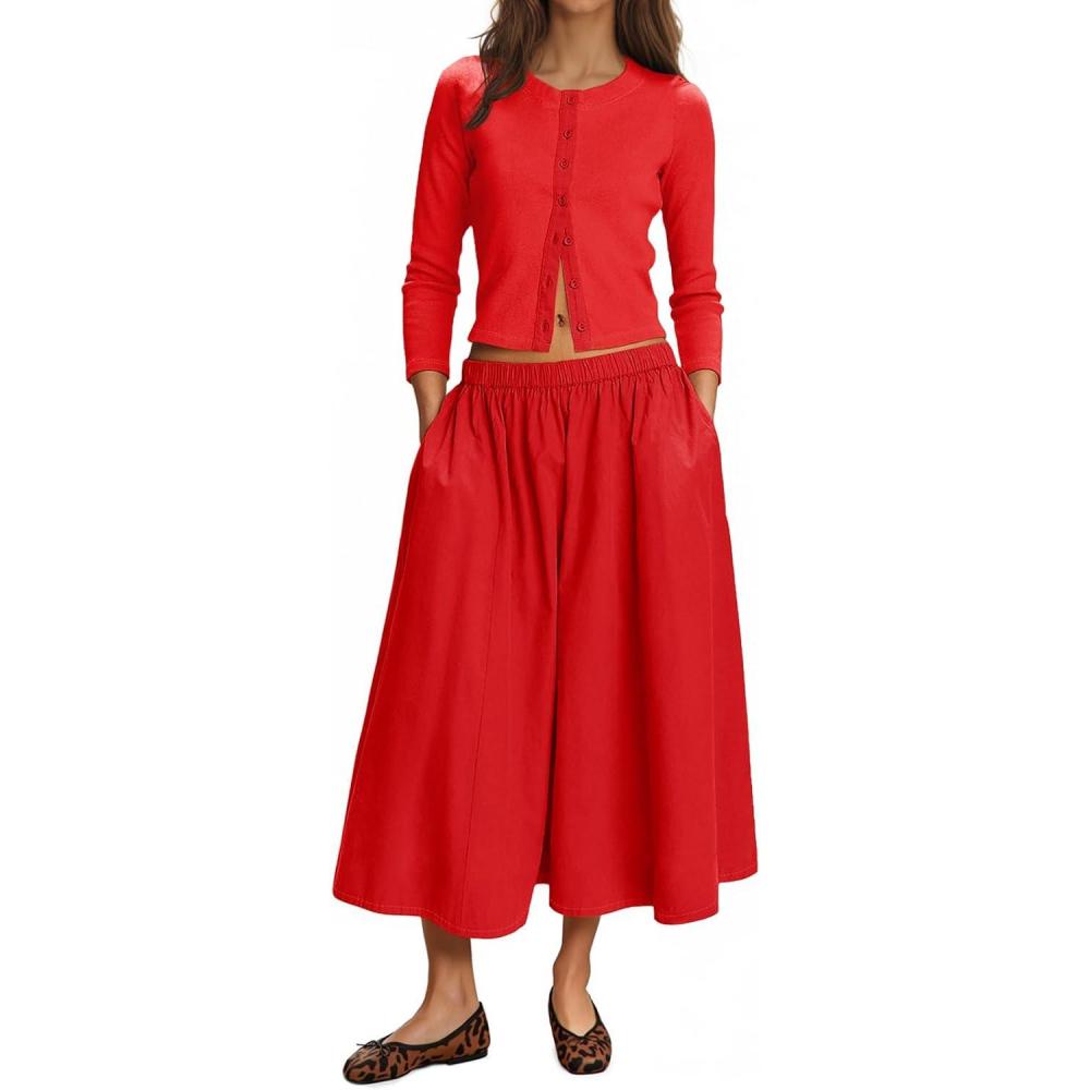 imageTankaneo Womens 2 Piece Skirt Sets 34 Sleeve Knit Cardigan Elastic Waist Midi Skirt Outfits Casual Matching Dress SetRed