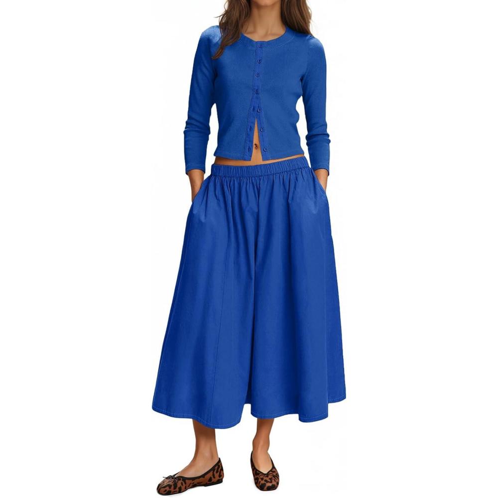 imageTankaneo Womens 2 Piece Skirt Sets 34 Sleeve Knit Cardigan Elastic Waist Midi Skirt Outfits Casual Matching Dress SetRoyal Blue