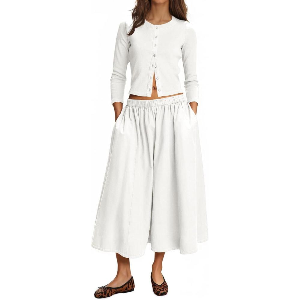 imageTankaneo Womens 2 Piece Skirt Sets 34 Sleeve Knit Cardigan Elastic Waist Midi Skirt Outfits Casual Matching Dress SetWhite