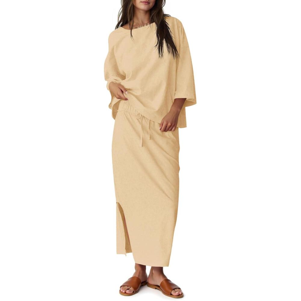 imageTankaneo Womens 2 Piece Skirt Sets Oversized 34 Sleeve Top and Maxi Skirt Fall Matching Outfits Travel Vacation SetBeige