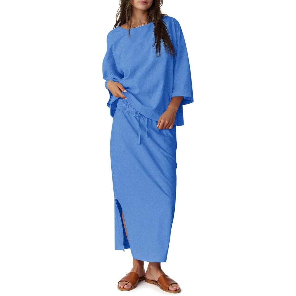 imageTankaneo Womens 2 Piece Skirt Sets Oversized 34 Sleeve Top and Maxi Skirt Fall Matching Outfits Travel Vacation SetBlue