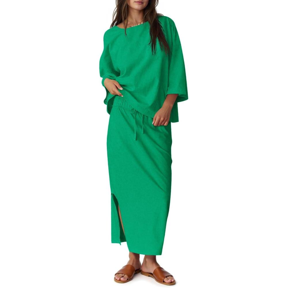 imageTankaneo Womens 2 Piece Skirt Sets Oversized 34 Sleeve Top and Maxi Skirt Fall Matching Outfits Travel Vacation SetGreen