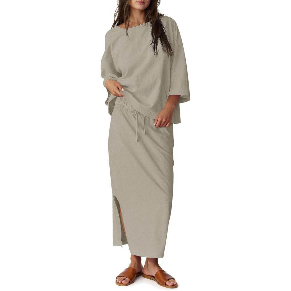 imageTankaneo Womens 2 Piece Skirt Sets Oversized 34 Sleeve Top and Maxi Skirt Fall Matching Outfits Travel Vacation SetGrey