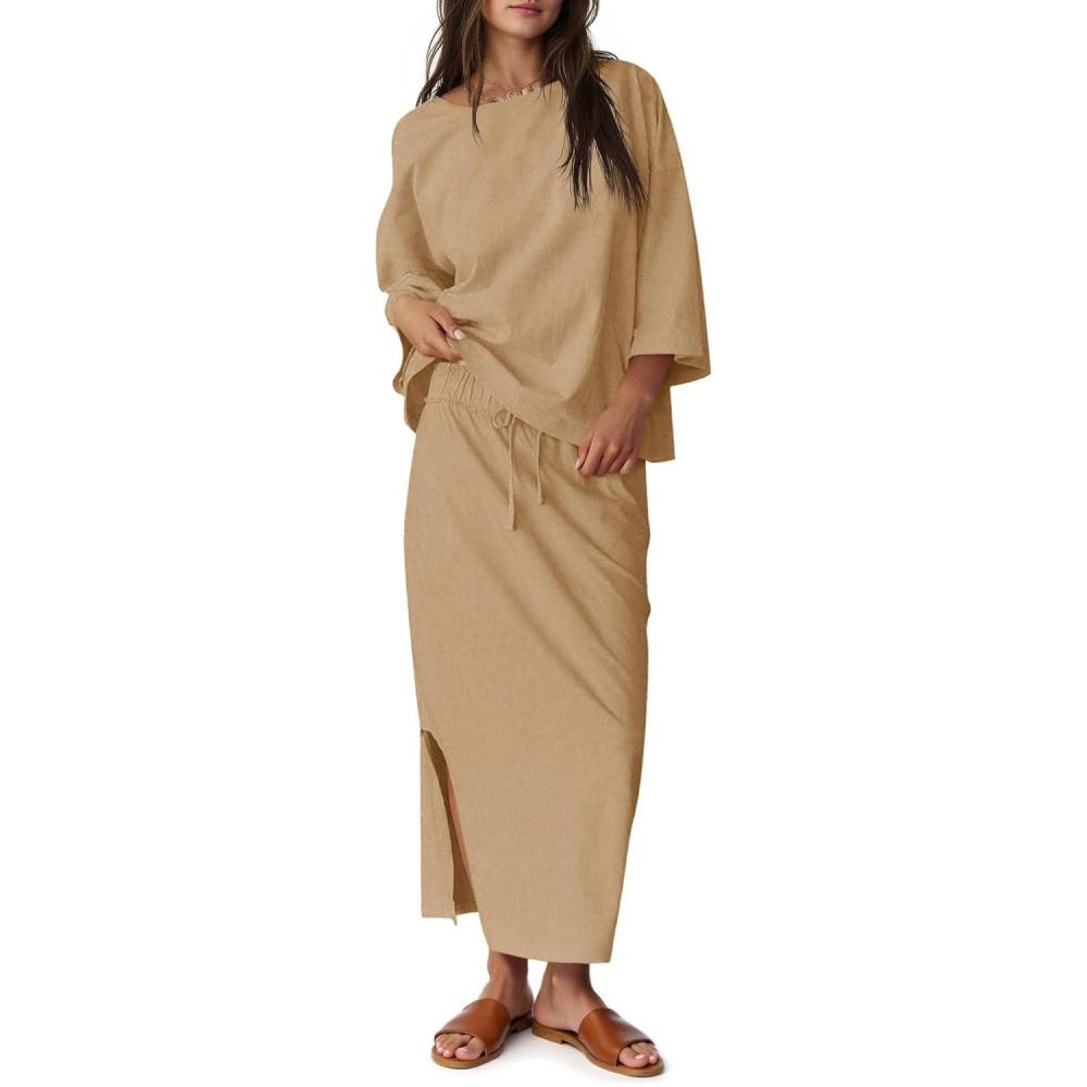 imageTankaneo Womens 2 Piece Skirt Sets Oversized 34 Sleeve Top and Maxi Skirt Fall Matching Outfits Travel Vacation SetKhaki