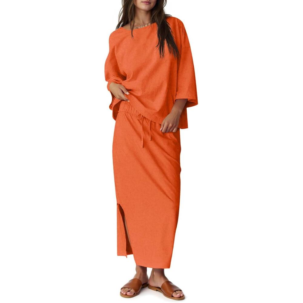 imageTankaneo Womens 2 Piece Skirt Sets Oversized 34 Sleeve Top and Maxi Skirt Fall Matching Outfits Travel Vacation SetOrange
