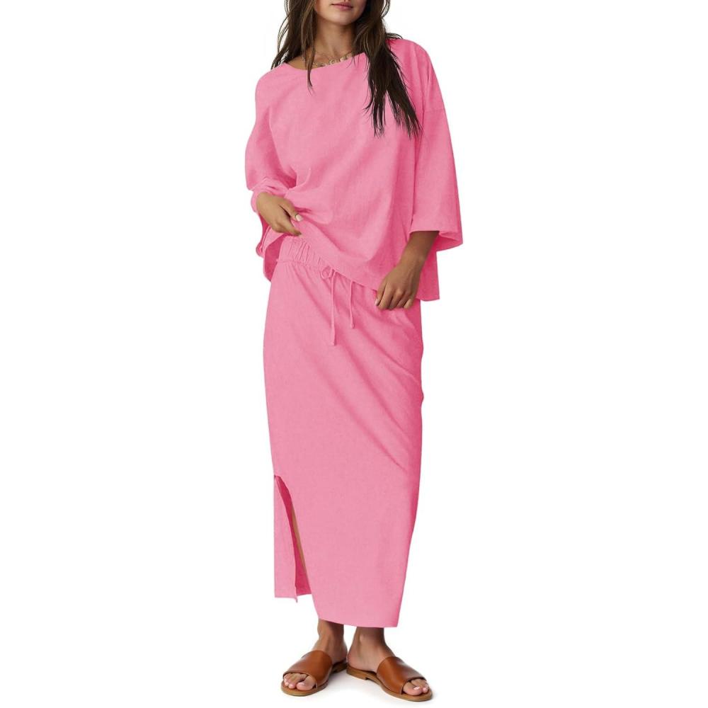 imageTankaneo Womens 2 Piece Skirt Sets Oversized 34 Sleeve Top and Maxi Skirt Fall Matching Outfits Travel Vacation SetPink
