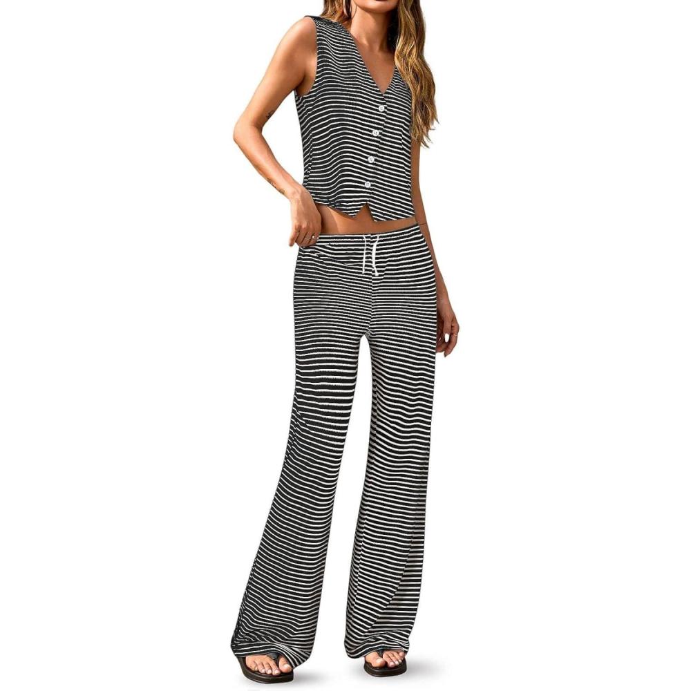 imageTankaneo Womens 2 Piece Striped Sets Sleeveless V Neck Button Vest and Drawstring Pants Lounge SetBlack