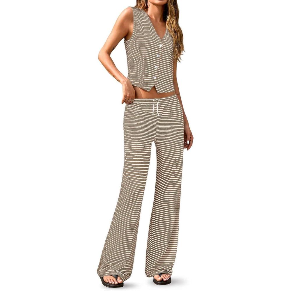 imageTankaneo Womens 2 Piece Striped Sets Sleeveless V Neck Button Vest and Drawstring Pants Lounge SetKhaki