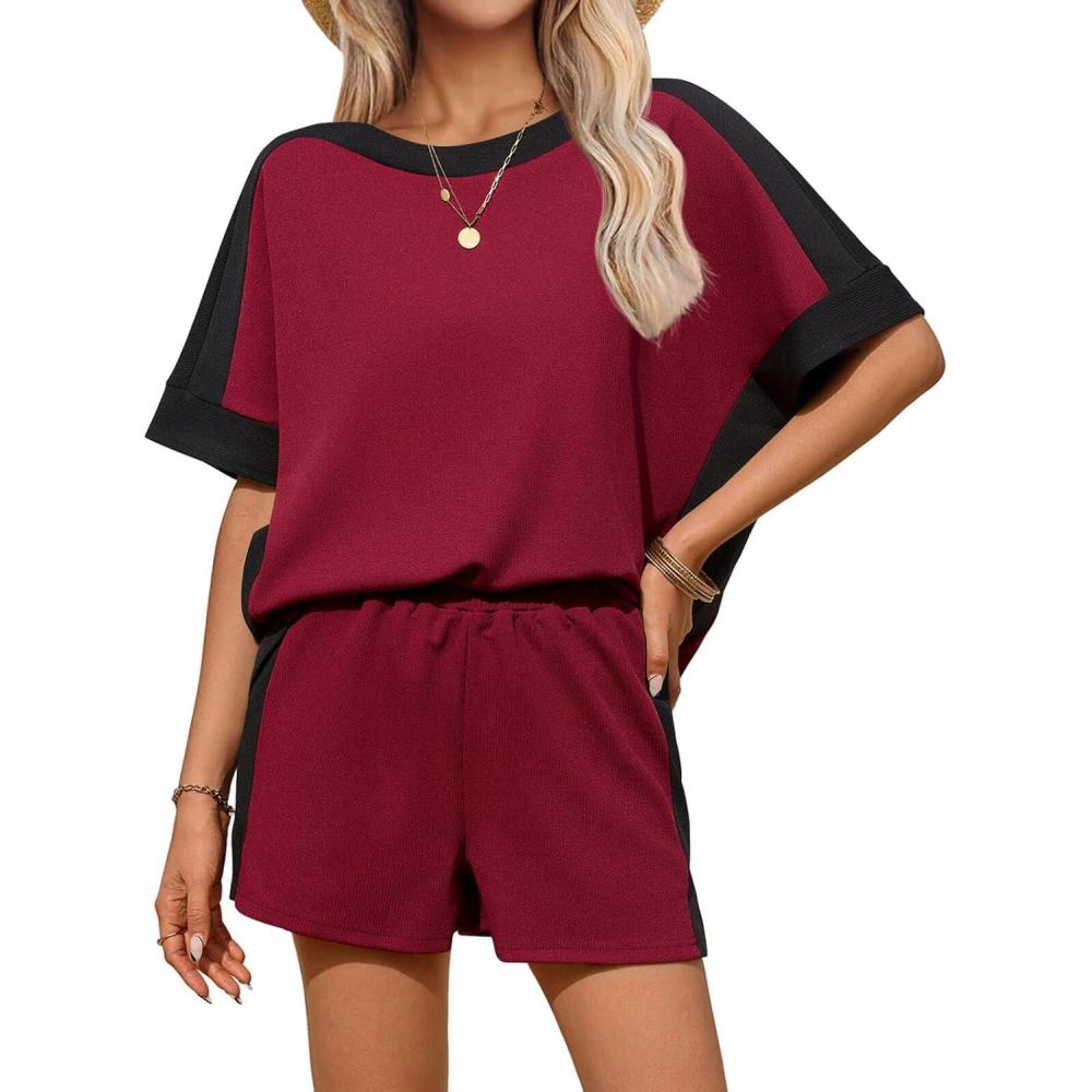 imageTankaneo Womens 2 Piece Summer Outfits Oversized Short Sleeve Tops and Shorts Matching Sets Color Block Lounge SetBurgundy