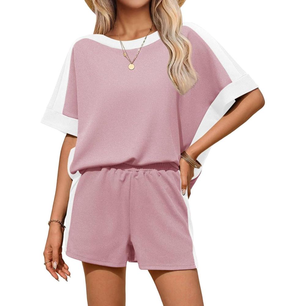 imageTankaneo Womens 2 Piece Summer Outfits Oversized Short Sleeve Tops and Shorts Matching Sets Color Block Lounge SetPink