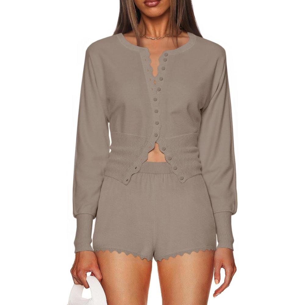 imageTankaneo Womens 2 Piece Sweater Sets Casual Fall Outfits Button Down Long Puff Sleeve Knit Cardigan Shorts LoungewearBrown