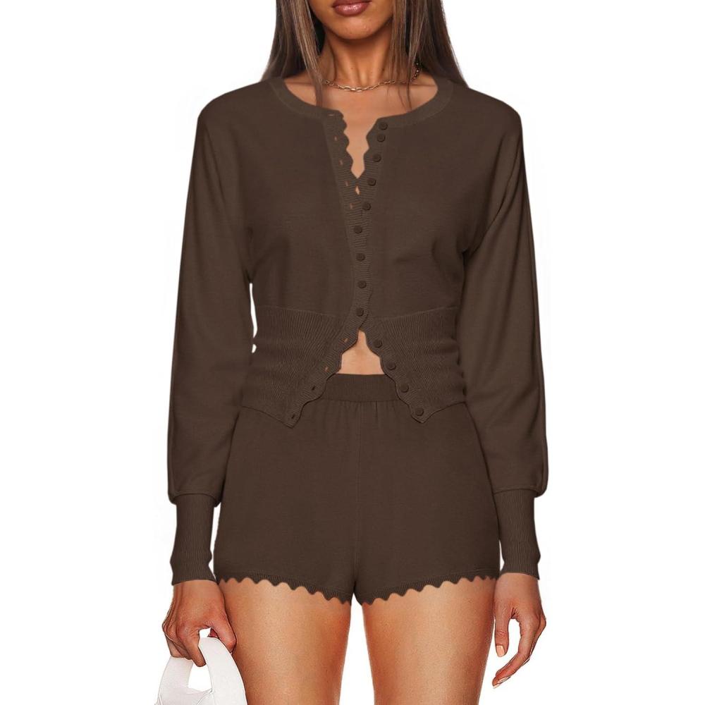 imageTankaneo Womens 2 Piece Sweater Sets Casual Fall Outfits Button Down Long Puff Sleeve Knit Cardigan Shorts LoungewearCoffee