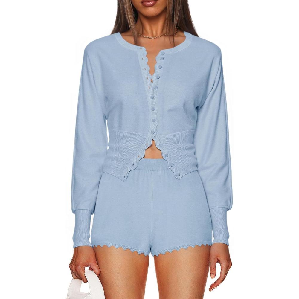 imageTankaneo Womens 2 Piece Sweater Sets Casual Fall Outfits Button Down Long Puff Sleeve Knit Cardigan Shorts LoungewearLight Blue