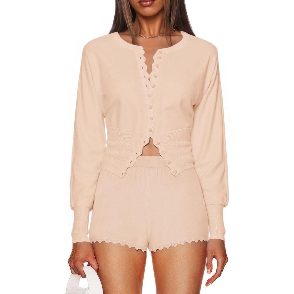 imageTankaneo Womens 2 Piece Sweater Sets Casual Fall Outfits Button Down Long Puff Sleeve Knit Cardigan Shorts LoungewearPink Beige
