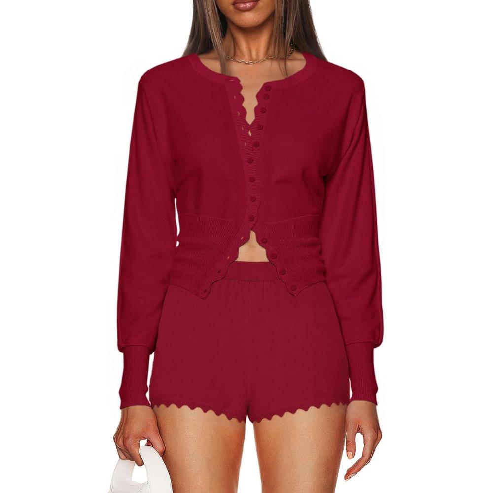 imageTankaneo Womens 2 Piece Sweater Sets Casual Fall Outfits Button Down Long Puff Sleeve Knit Cardigan Shorts LoungewearRed