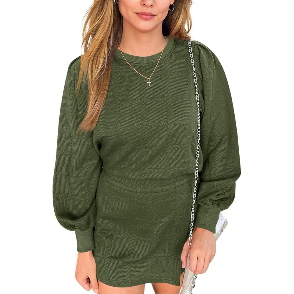 imageTankaneo Womens 2 Piece Sweatshirt Set Lantern Long Sleeve Crewneck Sweatshirts Asymmetric Mini Skorts Textured Lounge SetsArmy Green