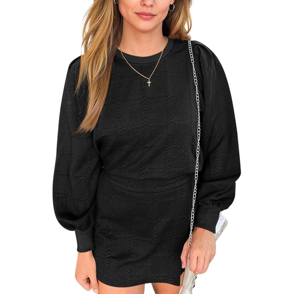 imageTankaneo Womens 2 Piece Sweatshirt Set Lantern Long Sleeve Crewneck Sweatshirts Asymmetric Mini Skorts Textured Lounge SetsBlack