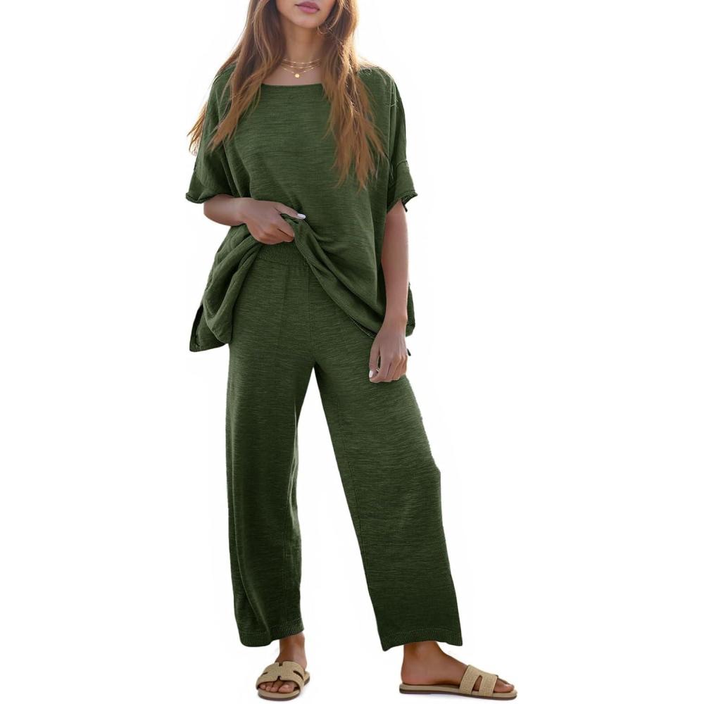 imageTankaneo Womens 2 Piece Travel Outfits Casual Short Sleeve Knit Sweater Set Wide Leg Pants Lounge Sets TracksuitArmy Green