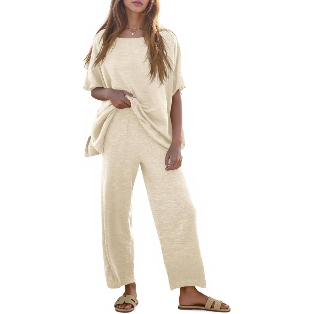 imageTankaneo Womens 2 Piece Travel Outfits Casual Short Sleeve Knit Sweater Set Wide Leg Pants Lounge Sets TracksuitBeige