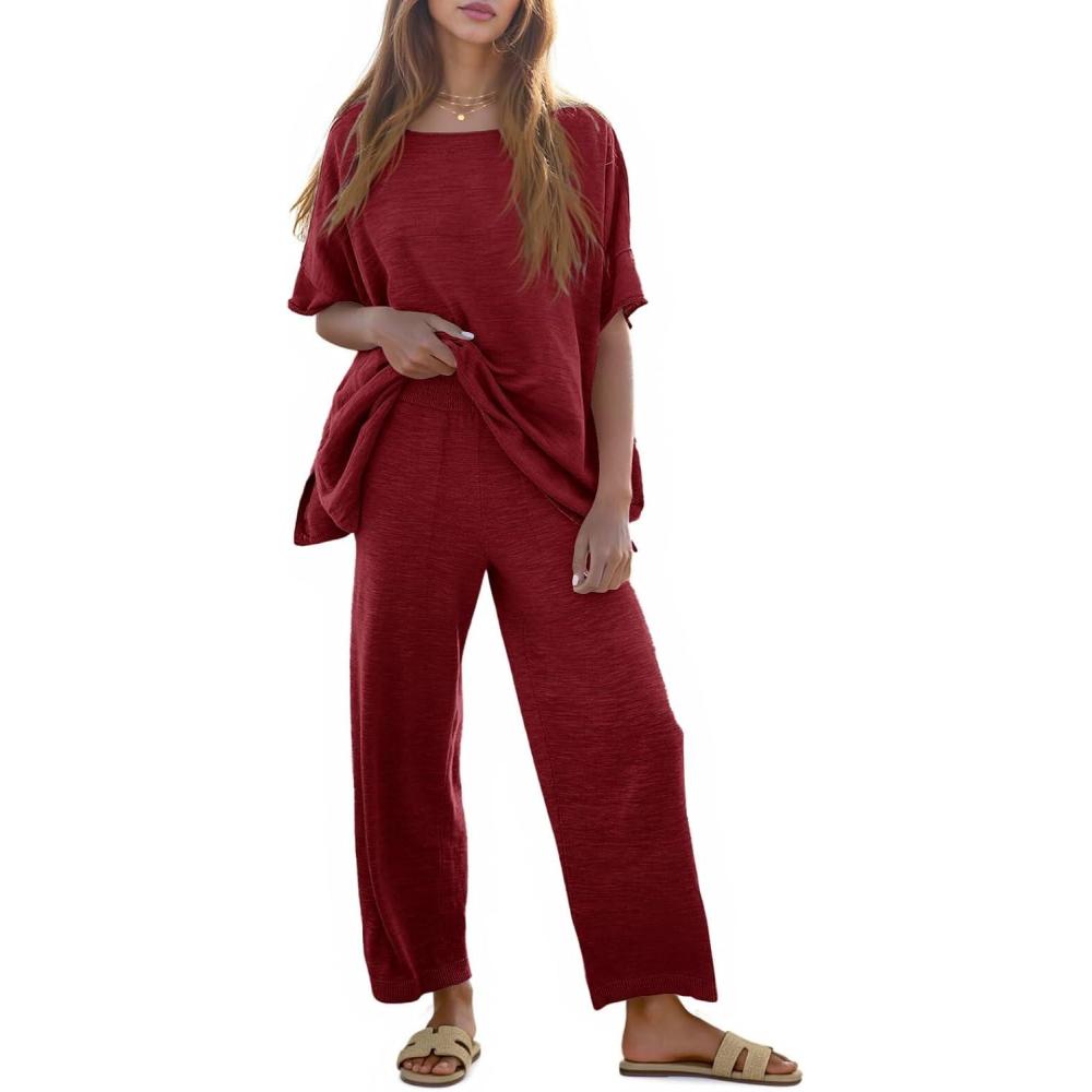 imageTankaneo Womens 2 Piece Travel Outfits Casual Short Sleeve Knit Sweater Set Wide Leg Pants Lounge Sets TracksuitBurgundy