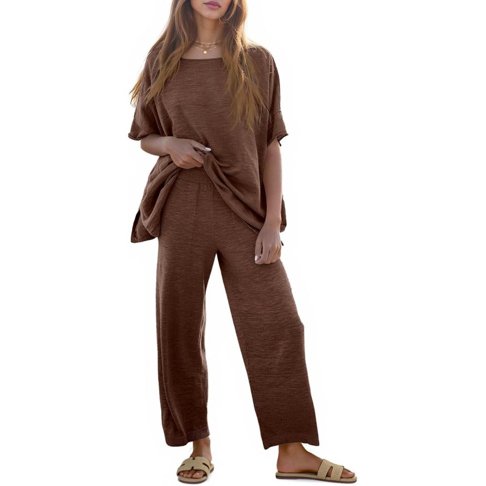 imageTankaneo Womens 2 Piece Travel Outfits Casual Short Sleeve Knit Sweater Set Wide Leg Pants Lounge Sets TracksuitCoffee