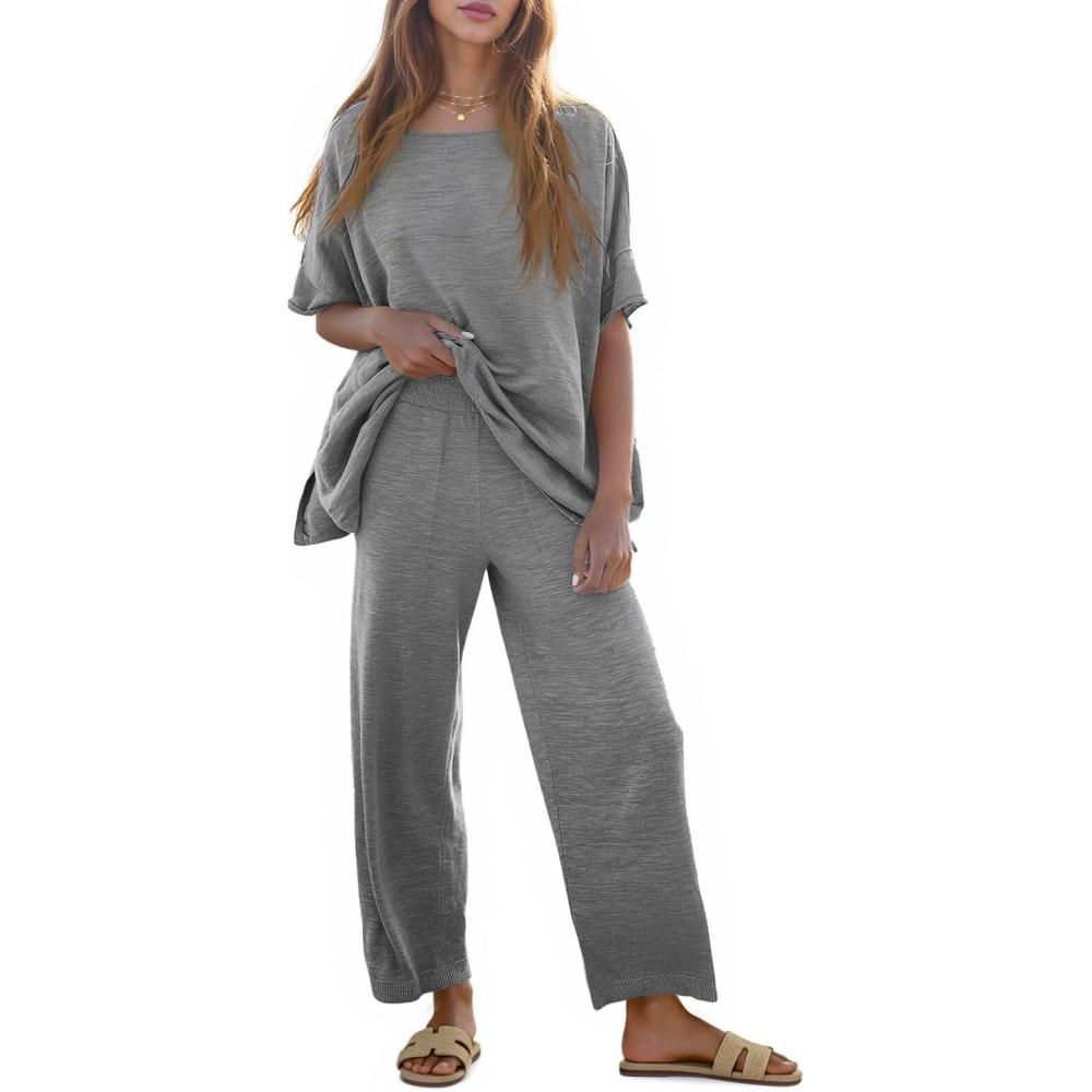 imageTankaneo Womens 2 Piece Travel Outfits Casual Short Sleeve Knit Sweater Set Wide Leg Pants Lounge Sets TracksuitGrey