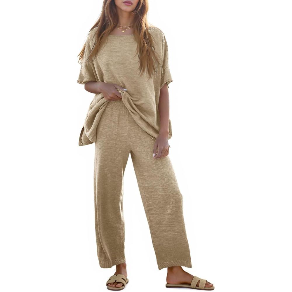 imageTankaneo Womens 2 Piece Travel Outfits Casual Short Sleeve Knit Sweater Set Wide Leg Pants Lounge Sets TracksuitLight Khaki
