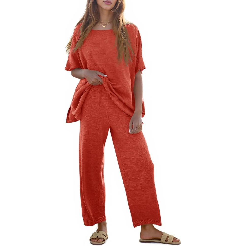 imageTankaneo Womens 2 Piece Travel Outfits Casual Short Sleeve Knit Sweater Set Wide Leg Pants Lounge Sets TracksuitRed