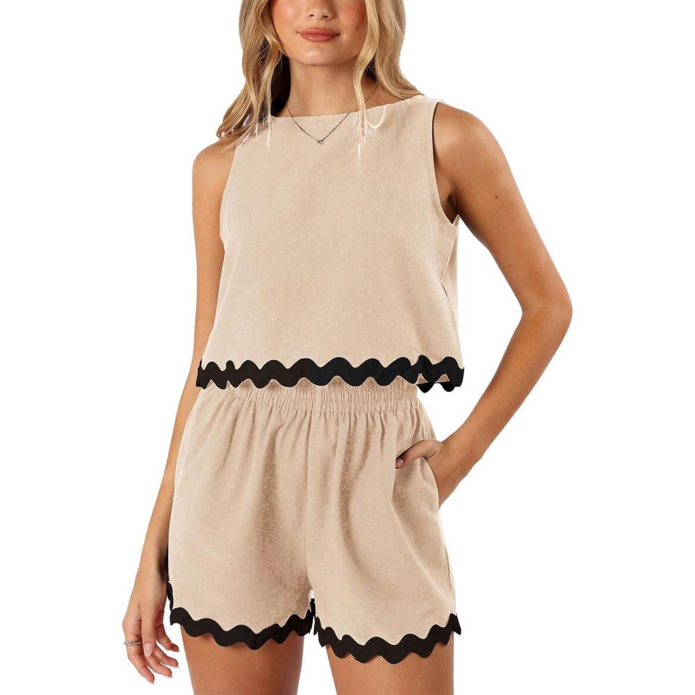 imageTankaneo Womens 2 Piece Vacation Outfits Lounge Sets Casual Cropped Tank Tops Shorts Matching SetBeige