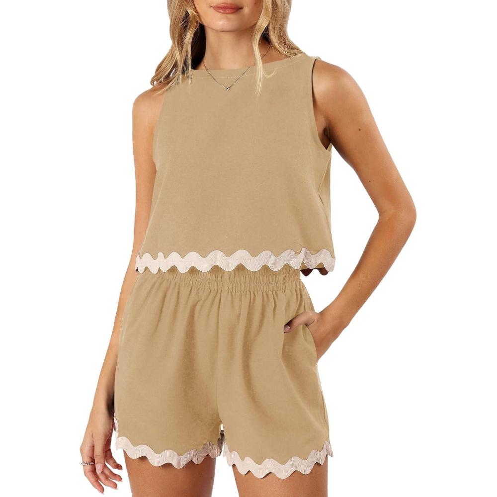 imageTankaneo Womens 2 Piece Vacation Outfits Lounge Sets Casual Cropped Tank Tops Shorts Matching SetKhaki