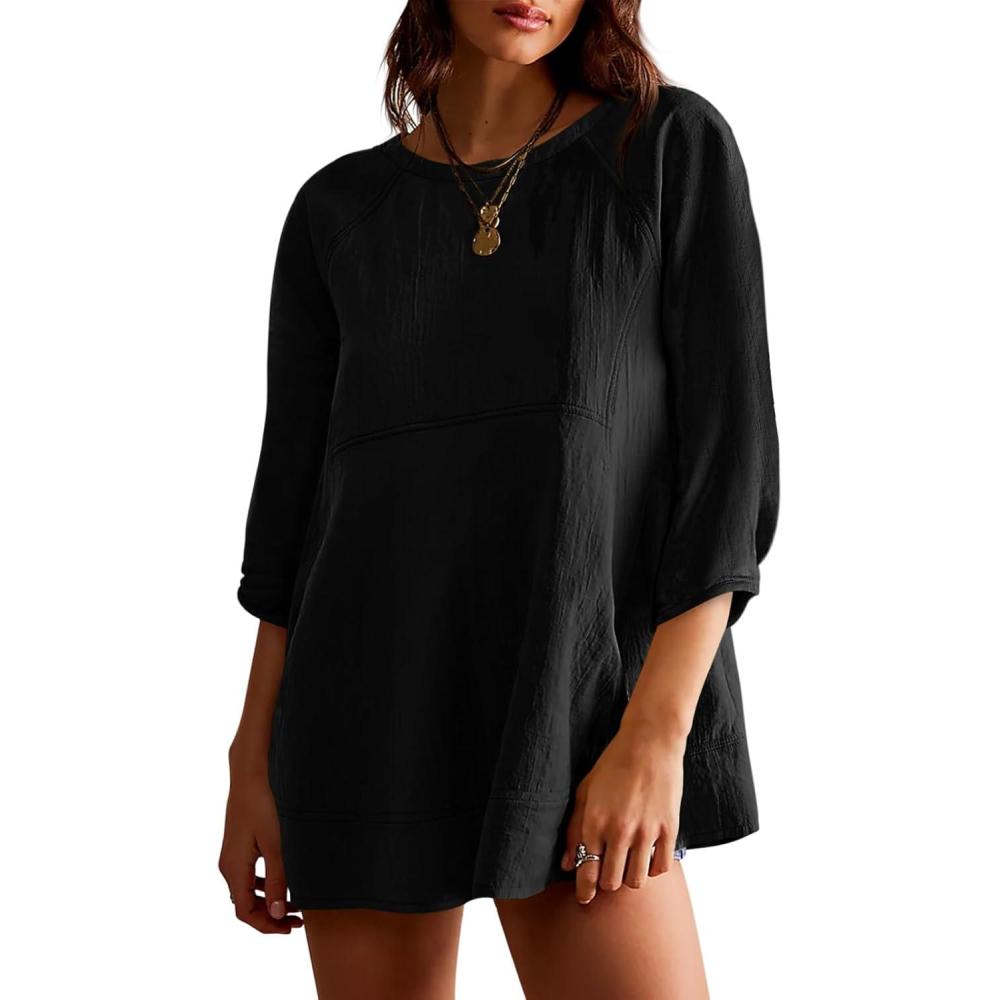 imageTankaneo Womens 34 Sleeve Tunic Tops Casual Summer Peplum Flowy Oversized Babydoll Blouse ShirtsBlack