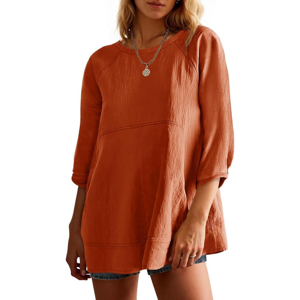 imageTankaneo Womens 34 Sleeve Tunic Tops Casual Summer Peplum Flowy Oversized Babydoll Blouse ShirtsBrick Red