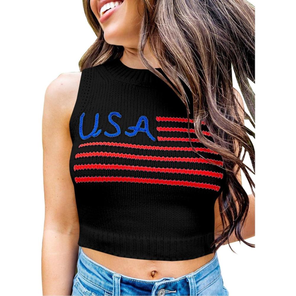 imageTankaneo Womens American Flag Crop Tank Tops High Neck 4th of July Patriotic Summer Sleeveless Shirts Sweater VestBlack