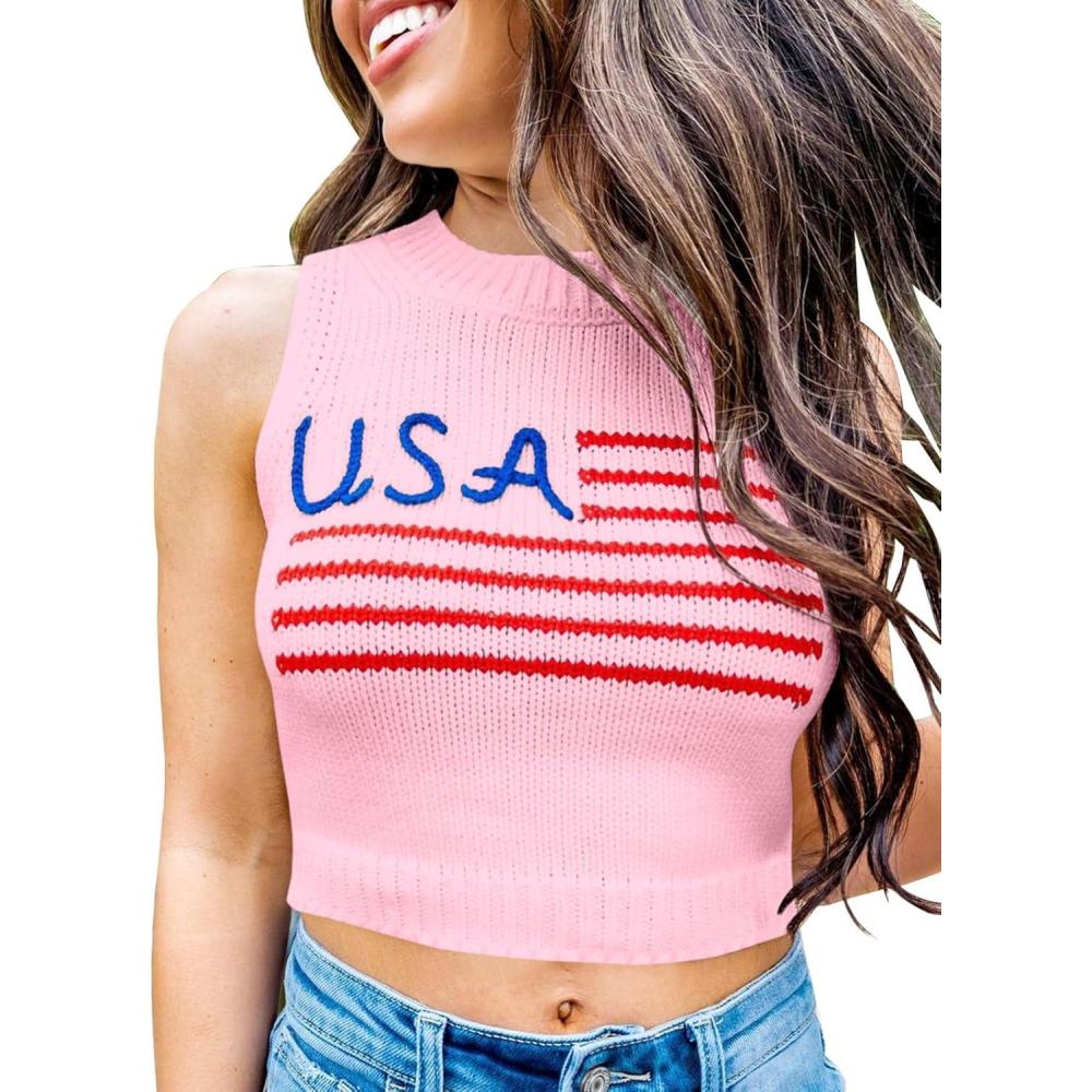 imageTankaneo Womens American Flag Crop Tank Tops High Neck 4th of July Patriotic Summer Sleeveless Shirts Sweater VestPink