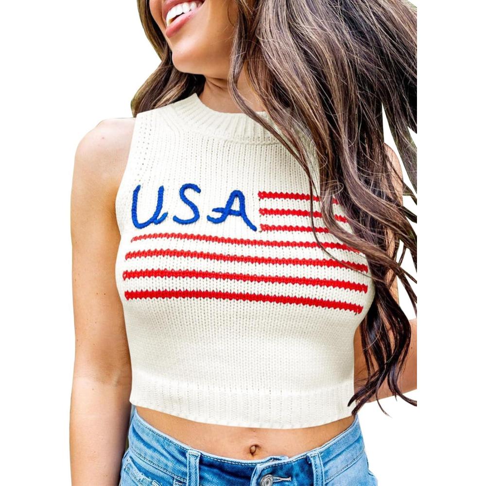imageTankaneo Womens American Flag Crop Tank Tops High Neck 4th of July Patriotic Summer Sleeveless Shirts Sweater VestWhite