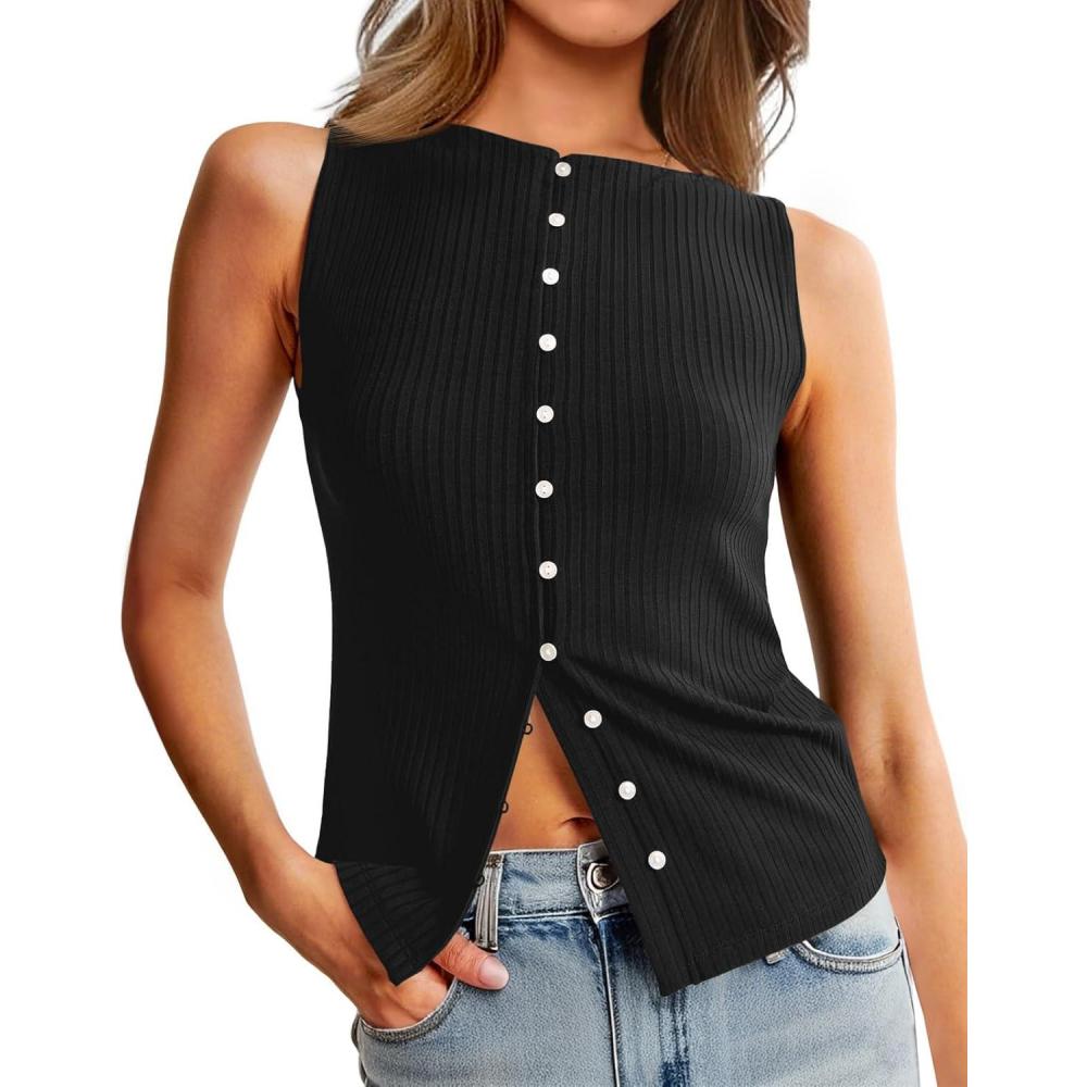 imageTankaneo Womens Button Down Ribbed Tank Tops Cropped Cute Y2k Vest Tops 2025 Summer Going Out OutfitsBlack
