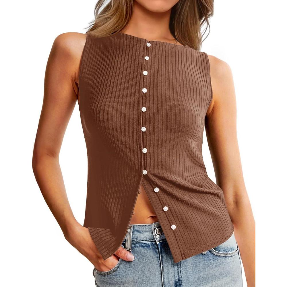 imageTankaneo Womens Button Down Ribbed Tank Tops Cropped Cute Y2k Vest Tops 2025 Summer Going Out OutfitsBrown