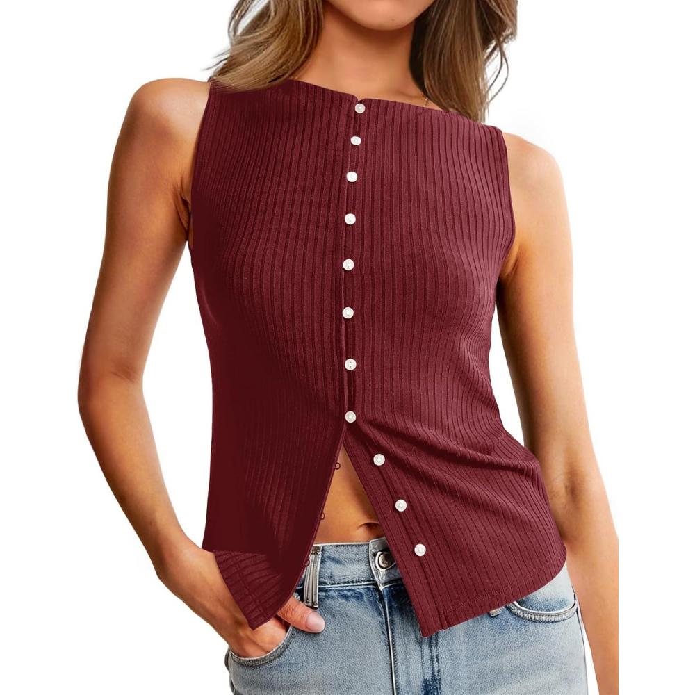 imageTankaneo Womens Button Down Ribbed Tank Tops Cropped Cute Y2k Vest Tops 2025 Summer Going Out OutfitsBurgundy