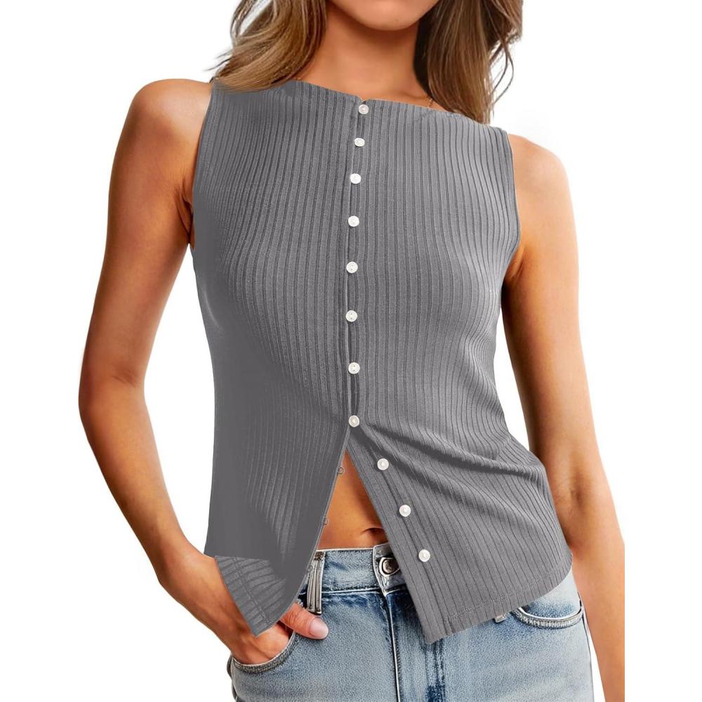 imageTankaneo Womens Button Down Ribbed Tank Tops Cropped Cute Y2k Vest Tops 2025 Summer Going Out OutfitsGrey
