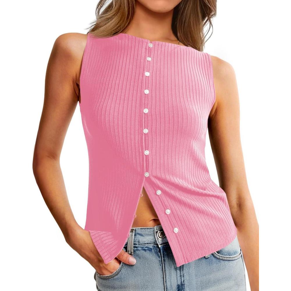 imageTankaneo Womens Button Down Ribbed Tank Tops Cropped Cute Y2k Vest Tops 2025 Summer Going Out OutfitsPink